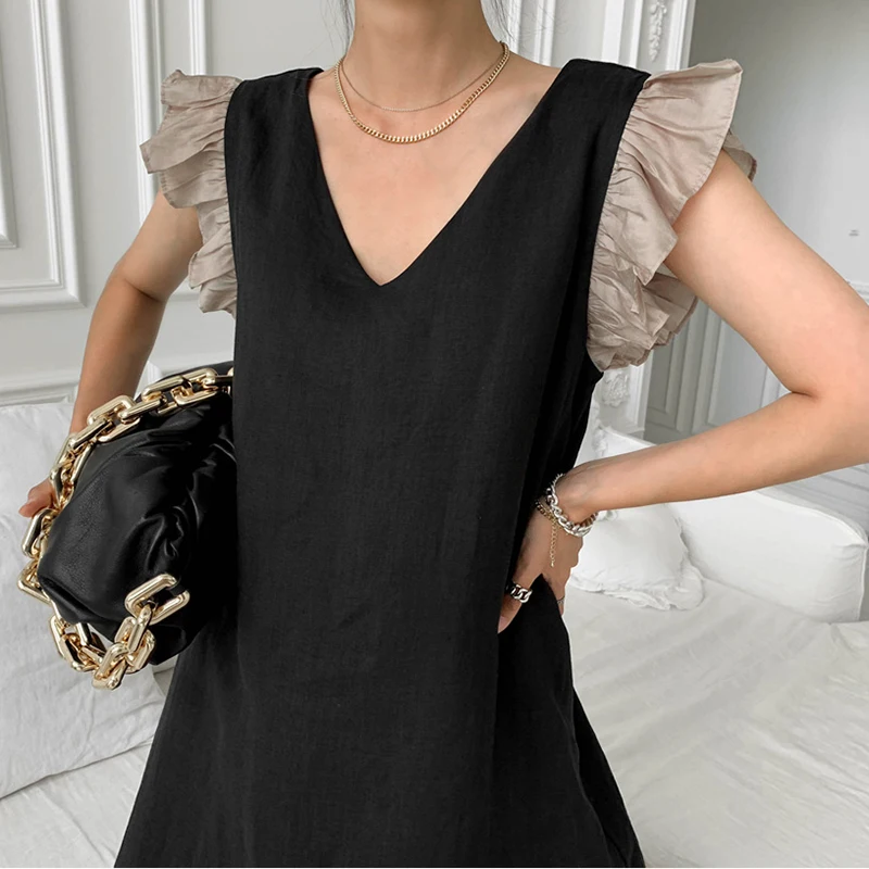 Women V-neck Contrast Color Patchwork Loose Flying Sleeve Pleated Dress Vestidos De Mujer High Vintage New Maxi Dresses