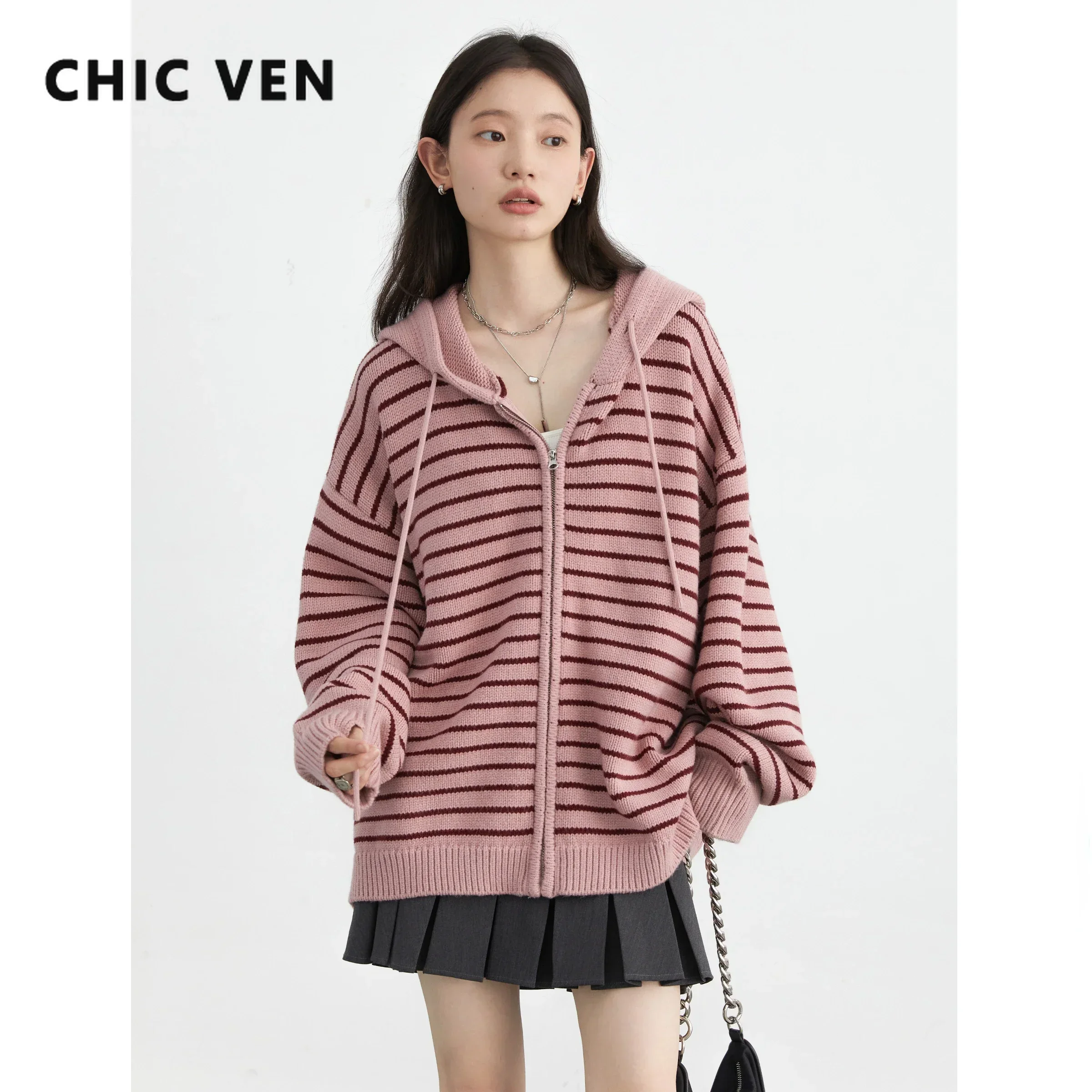 CHIC VEN Women Cardigan Long Sleeves Loose New Drawstring Hooded Striped Sweater Female Loose Knit Jumpers Autumn Spring 2024