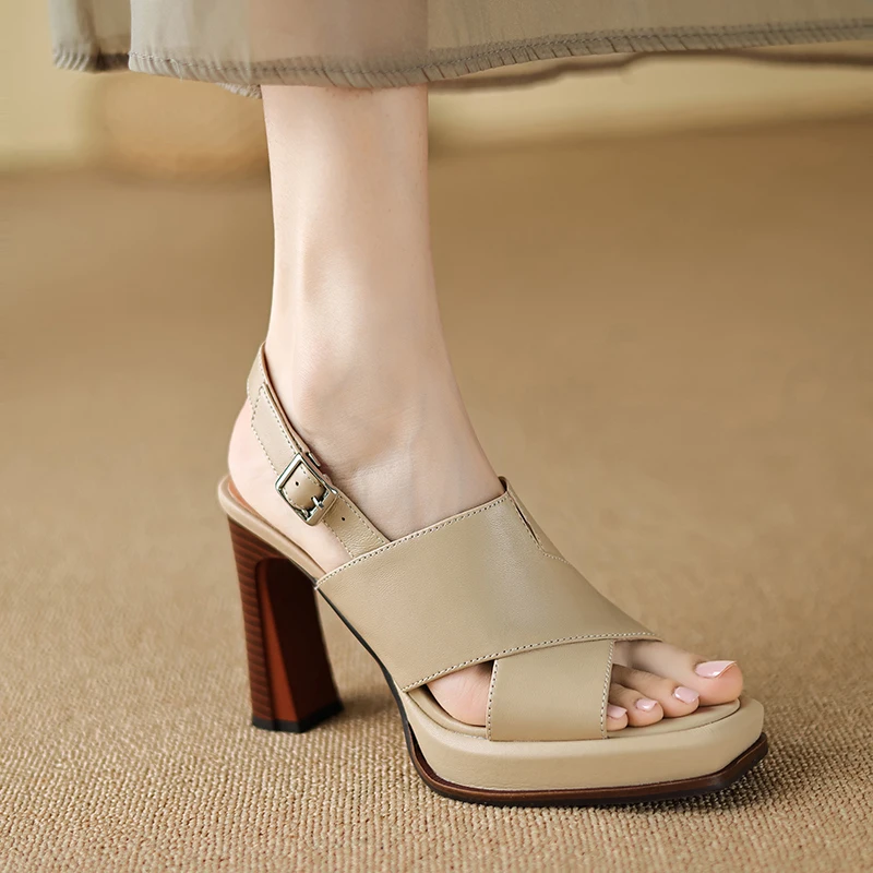 【JOCHEBED HU】Handmade Genuine Leather Summer One-button Thick Open Toe Sexy Professional High Heels Temperament Female Sandals