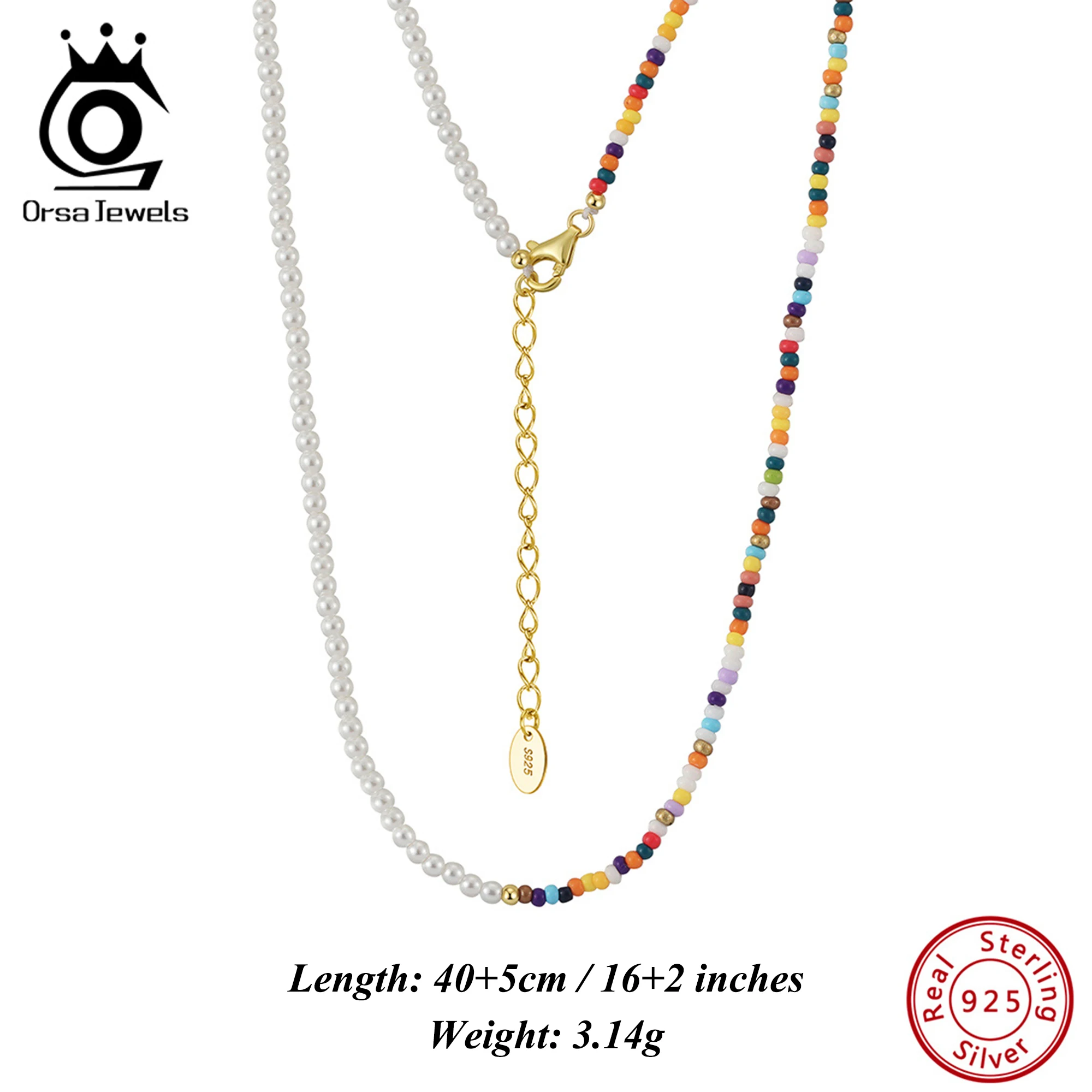 ORSA JEWELS 925 Sterling Silver 2.5mm Shell Pearl Choker Necklace with Colorful Beads, Elegant Strand Ornament for Women PSN05