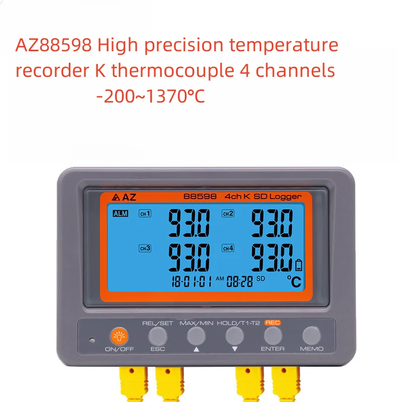 AZ88598Multi-channel Digital Thermometer Electronic digital display contact thermocouple probe SD storage memory card, four-cha