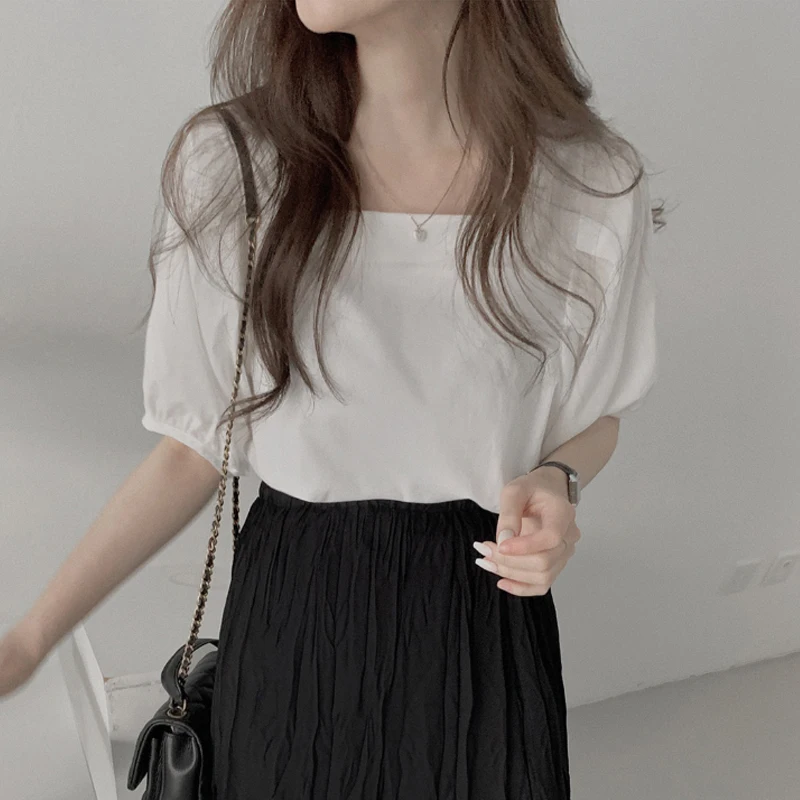 เสื้อคอเหลี่ยมทรงบับเบิ้ลเรียบง่ายทันสมัยสำหรับผู้หญิง ฤดูร้อน ลดอายุ สไตล์เกาหลี ผ้าคอตตอนผสม สี