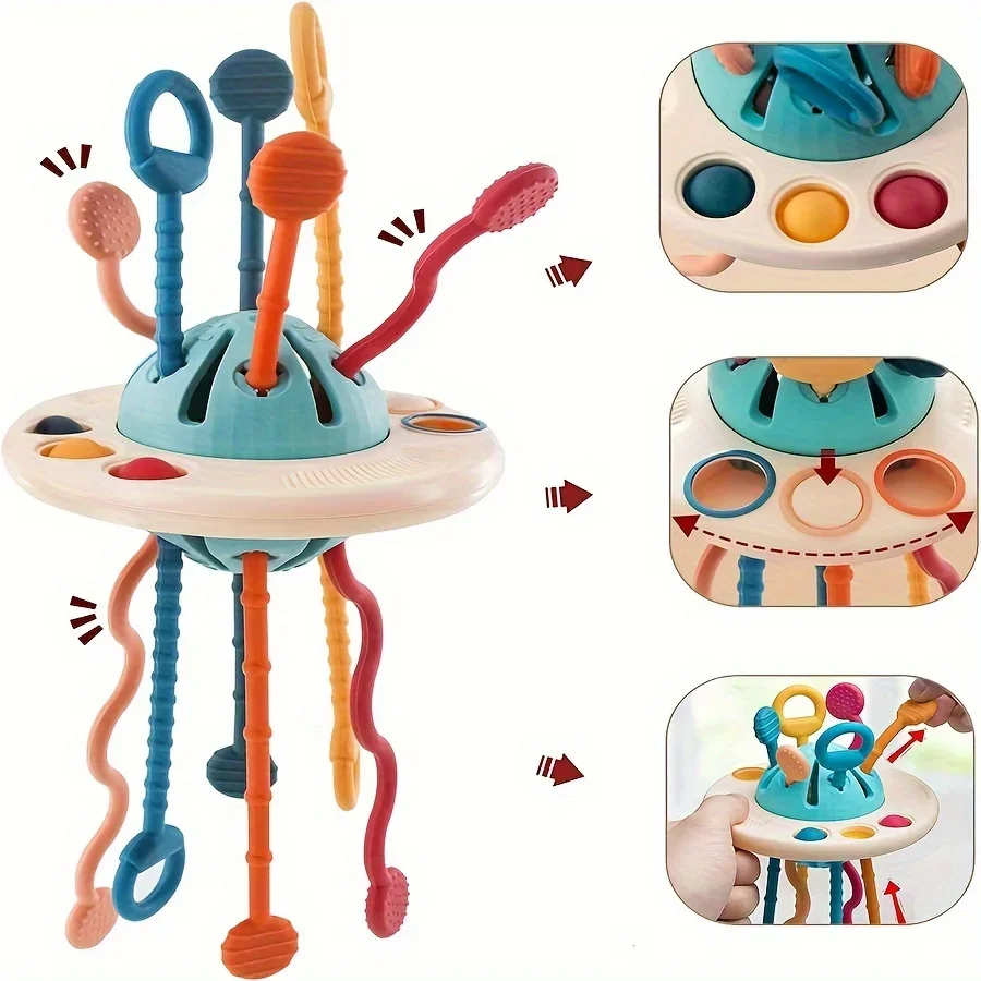 UFO-juguete de actividad de cuerda de empuje y tracción de silicona de calidad alimentaria, juguetes sensoriales Montessori para niños pequeños de 6 a 18M +, juguetes de viaje inquietos