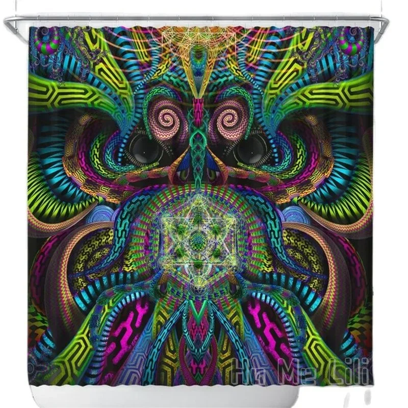 Psychedelic Pentagram Primordial Presence Shower Curtain Colorful Strip Waterproof Fabric Bathroom Decor Hooks Included