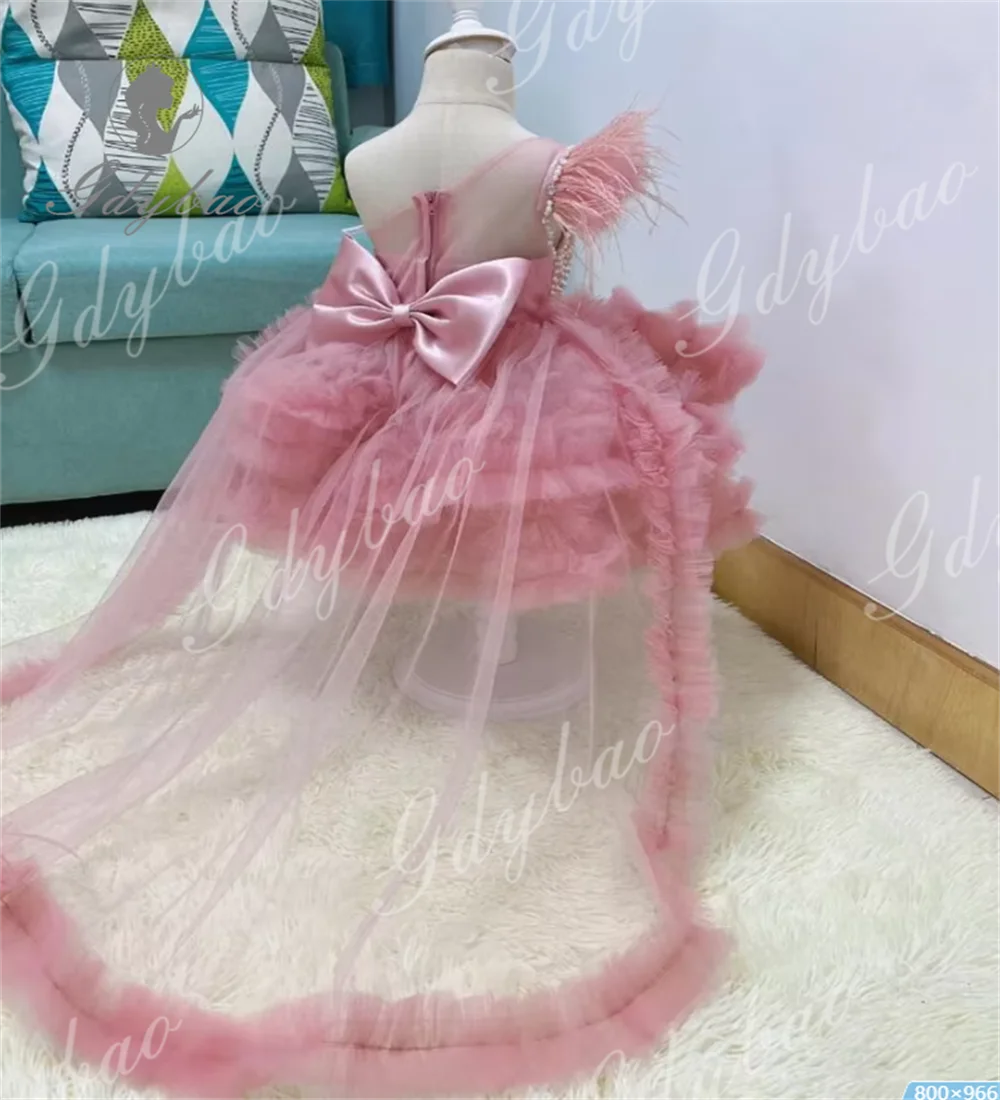 Feather Pearls Children baby White Flower Girl Dress For Wedding Tulle With Bow Kids Birthday Party Communion Party Gown