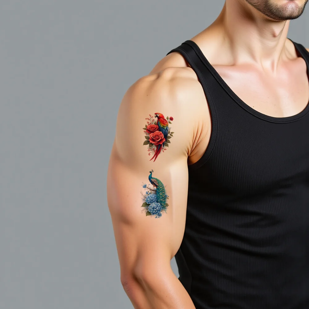 28pcs Temporary Tattoo Dragonfly Colorful Goldfish Bird With Flowers Waterproof Long-lasting Body Stickers Hummingbird For - view 5