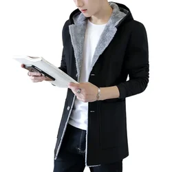 Men 's Fashion Warm Hoodie Jacket 2023 Winter MenTrench Coat Plus Velvet Thickening Slim Fit Wool Overcoat Trench Coat