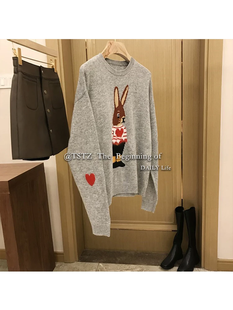 Keramo O-Neck Cartoon Rabbit Long Sleeves Knitted Cardigan Women Casual Autumn Winter All-Match Sweet Korean Fashion New Tops