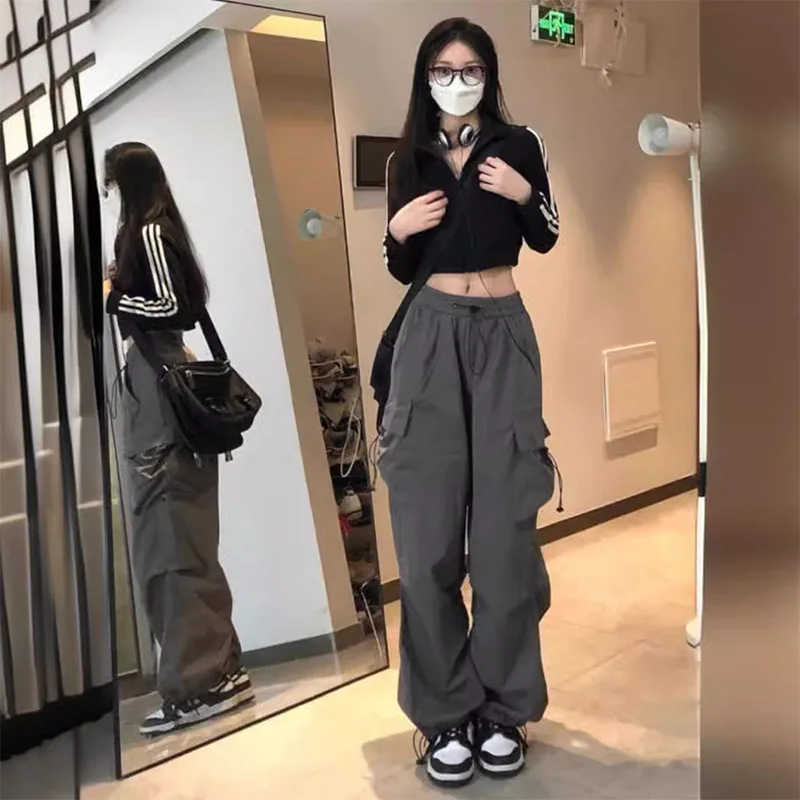Retro women's hip-hop design, high street workwear, casual pants, loose straight leg, wide leg, big pocket, leg binding pants