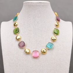 G-G 18'' Natural Square Shape Mix Color Cat eye Gold Plated Brushed Coin Beads Chokers Necklace Party Gifts For Women