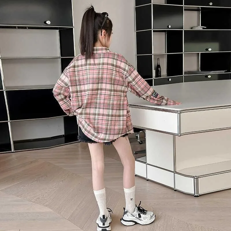 2025 New Girl's Checkered Long Sleeve Shirt Spring Autumn Kids Trendy Versatile Mix and Match Shirt