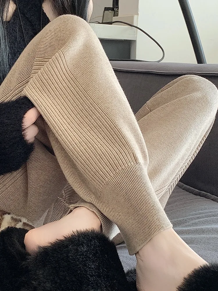 Pantaloni Harlan lavorati a maglia Thiened da donna a vita alta autunno inverno dolce Sle Bell Bot pantaloni casual in fibra di poliestere