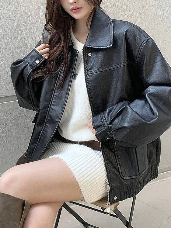 Jaqueta de Couro Marrom Retro Americana para Mulheres, Estilo Chic de Outono/Inverno, Nova Moda de Hong Kong, Jaqueta de Cour...