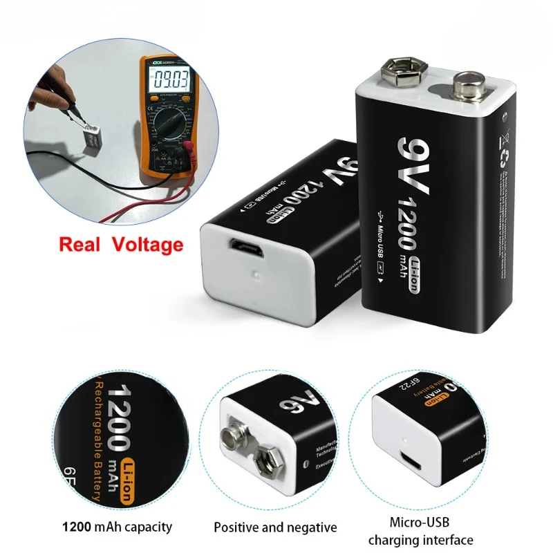 1200mAh Li-Ion 9V แบตเตอรี่ชาร์จ Crown 9 โวลต์สําหรับไมโครโฟนเครื่องตรวจจับโลหะพร้อมพอร์ตชาร์จ USB Bateria