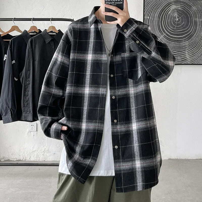 

Spring New Fashion Men's Long Sleeved Plaid Shirt Korean Harajuku Oversized Loose Casual Men's Shirt Y2k Japan Streetwear