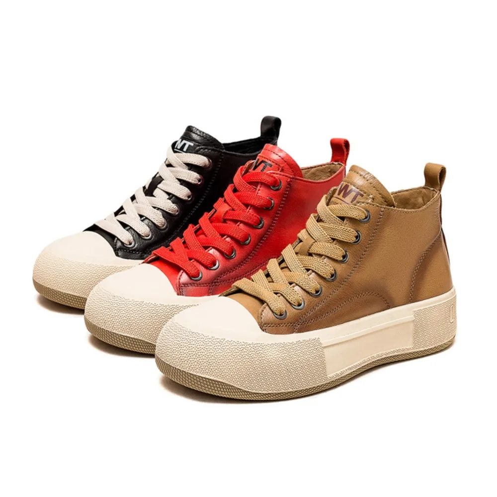 GKTINOO Spring Autum High Top Women Sneakers Genuine Leather Lace-Up Casual Shoes Handmade Concise Platform Sneakers