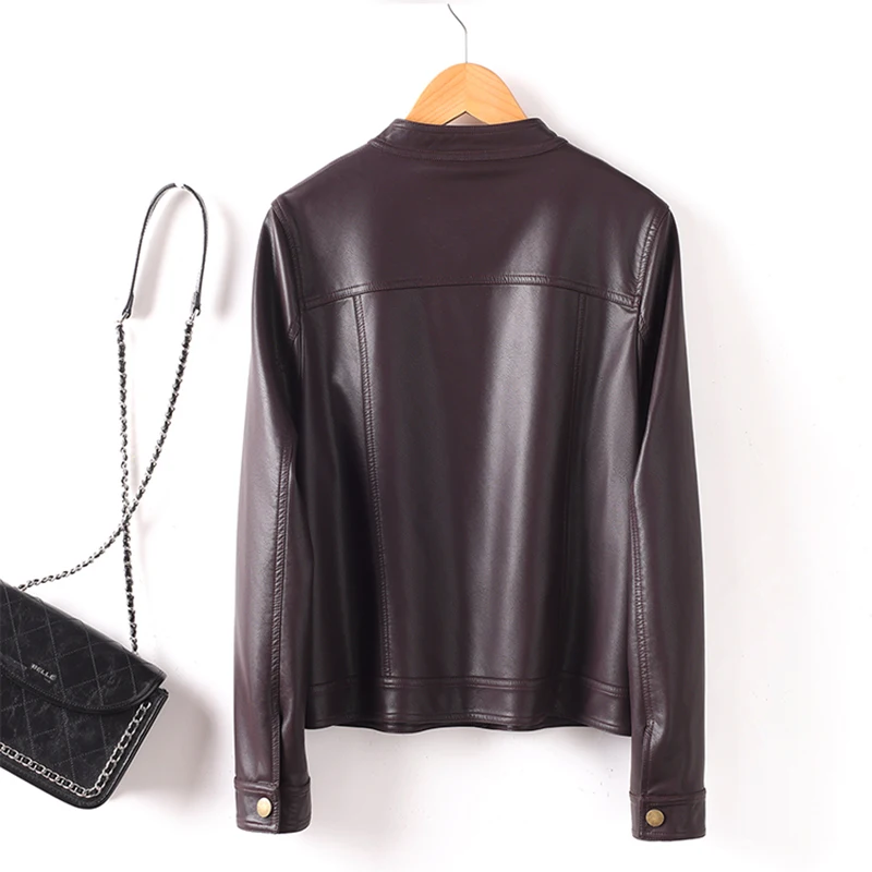 Neu Damen Schlichtheit Spaltleder Jacke Frühling Herbst Mode Rundhalsausschnitt Einreihig Lockere Passform Ledermantel Freizeitjacke Damen