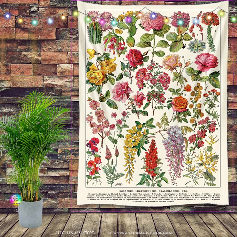 Floral Botanical Home Decor Tapestry Wall Hanging Flowers Plant Reference Chart Aesthetic Tapestries for Livingroom Bedroom