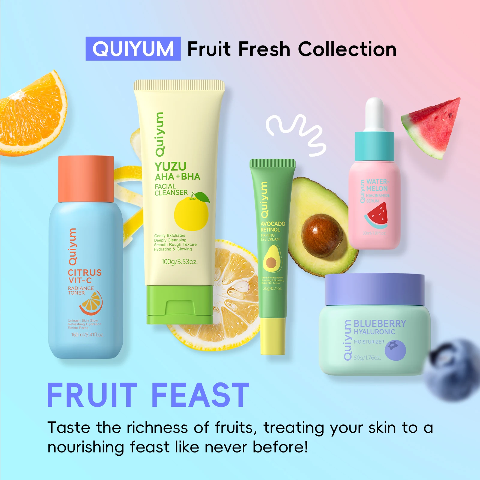 

QUIYUM Fruit Fresh Collection Набор для ухода за кожей из 5 предметов Осветляющий увлажняющий антивозрастной уход за лицом для сухой тусклой кожи