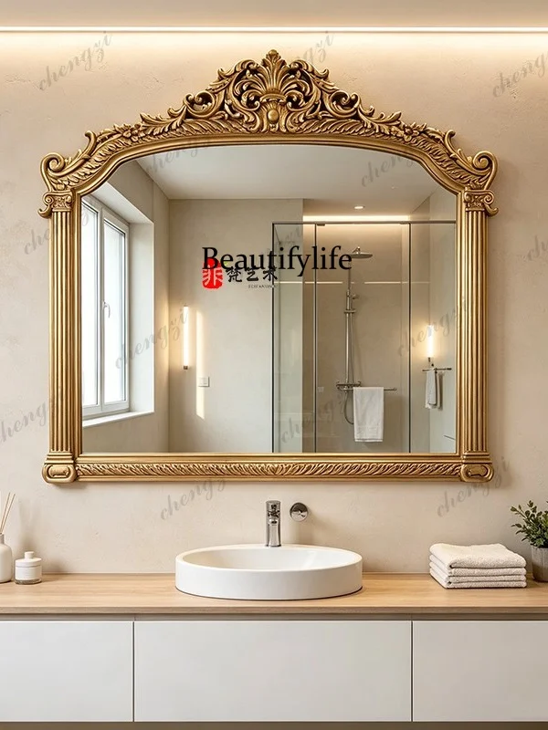 European retro arched bathroom mirror wall hanging bathroom makeup mirror French light luxury fireplace entrance