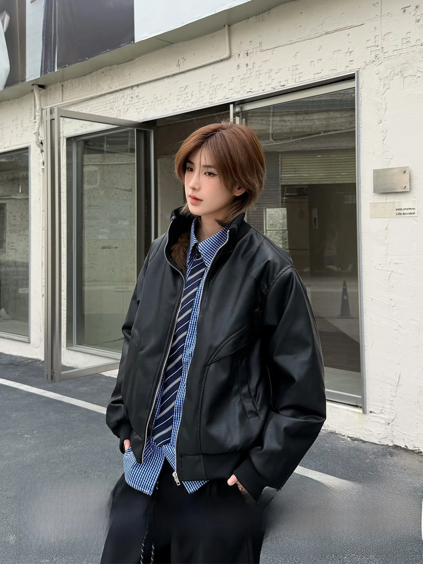 

Unisex Black PU Leather Biker Jacket Thick Cotton Coat Retro Style Long Sleeve Zipper Closure Pure Color Motorbike Jacket