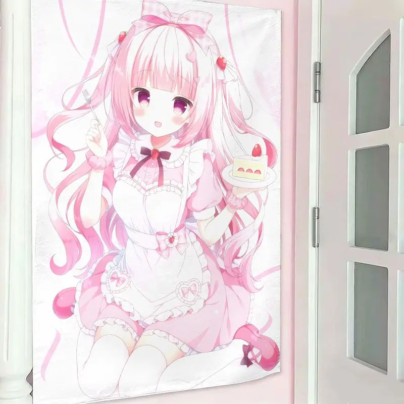 VIKAMA Cute Anime Maid Wall Tapestry Pastel Sweet Style Teen Room Dorm Living Room Gaming Room Hanging Cloth Decor