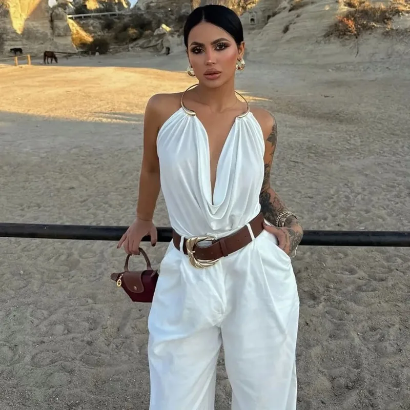 Women Metal Ring Halter Cami Draped Deep V Neck Backless Slim Fit Sexy Tank Top S XL