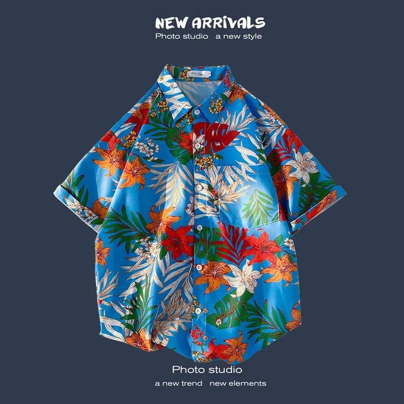 Summer Short Sleeve Shirt Men\'s Beach Super Hot Fragmented Flower Korean Version Loose Couple Luxury Design Half Sleeve Shirt