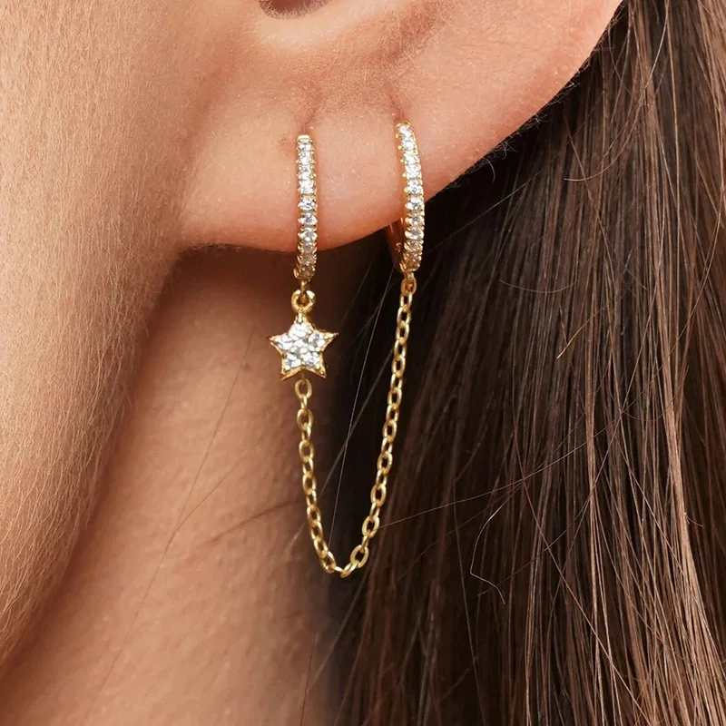 Fashion Stainless Steel Chain Star Hoop Earrings For Women Girl Classic Tassel Double Circle Punk Earring Piercing Jewelry