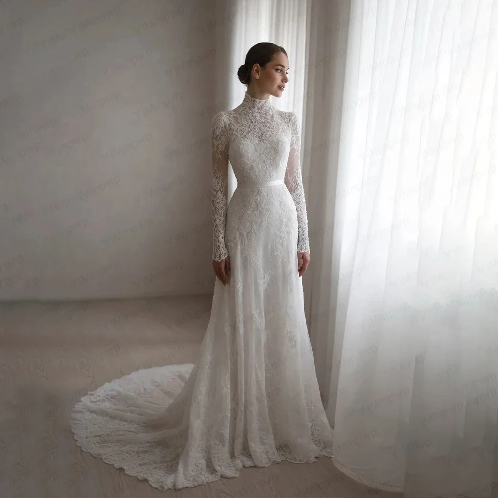 

Lace Wedding Dresses with High Collar Long Sleeve Sweep Train A Line Bride Dress for Women Islam Garden Bridal Gown Customized