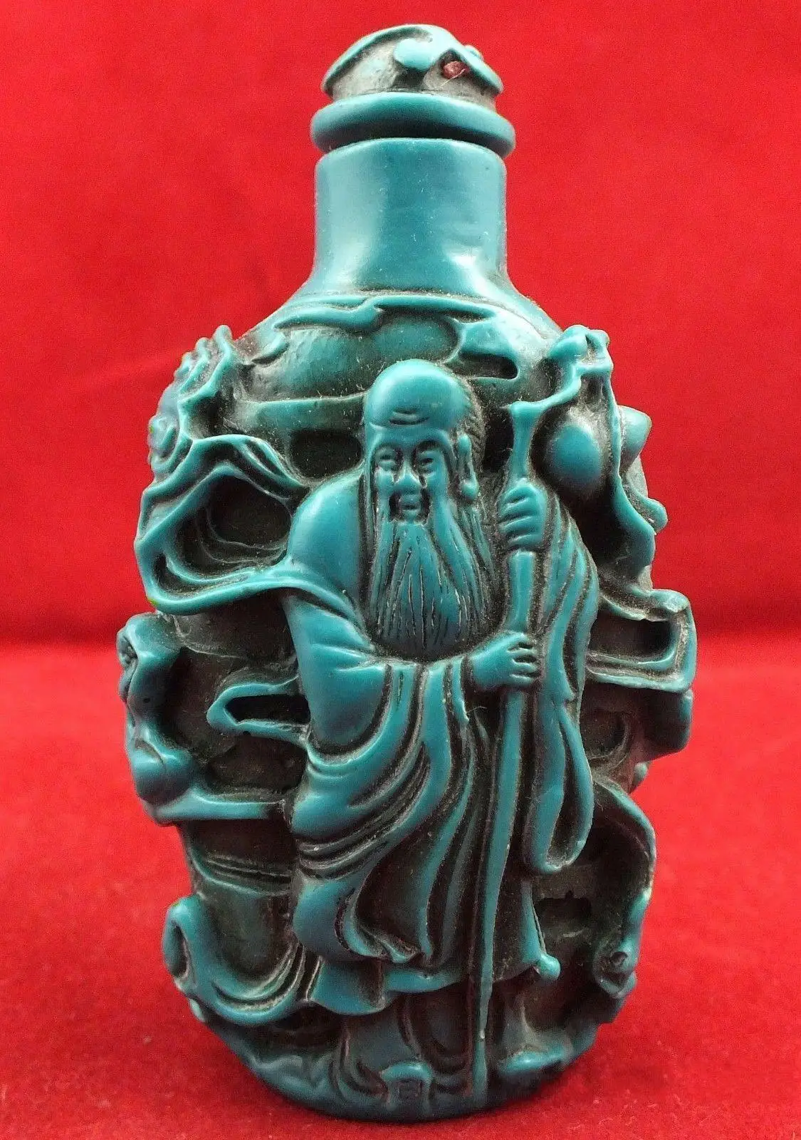 

Oriental Vintage Carved Turquoise Longevity old man Snuff Bottle