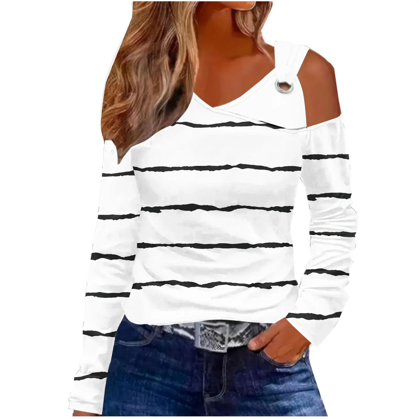 2024 Autumn Long Sleeve Fashion Stripes Solid Color Slim Off-the-shoulder T-shirt Casual Design Sense T-shirt Women's Cotton Top