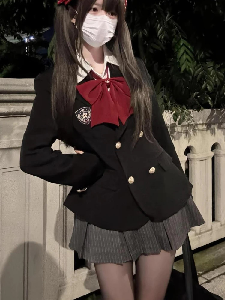 

Японский милый элегантный комплект из 2 предметов в консервативном стиле, женское пальто с двойными пуговицами + юбка Harajuku Y2k, шикарная корейская популярная одежда