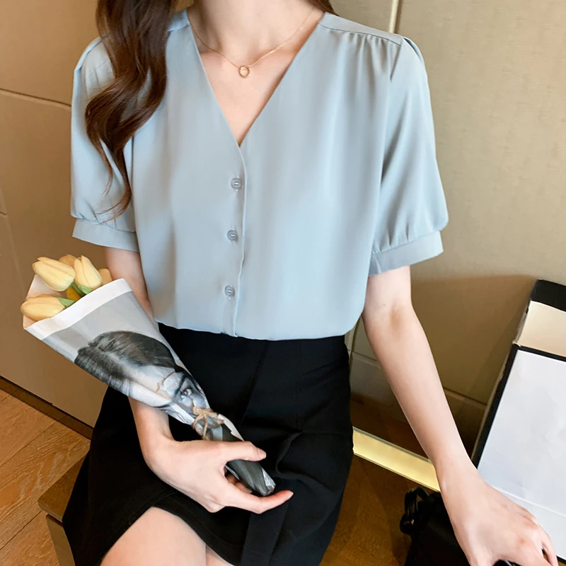 Korean Fashion V-neck Shirt Tops Women's Summer New Blouse Casual Loose Short Sleeve Slim Chiffon Blusa