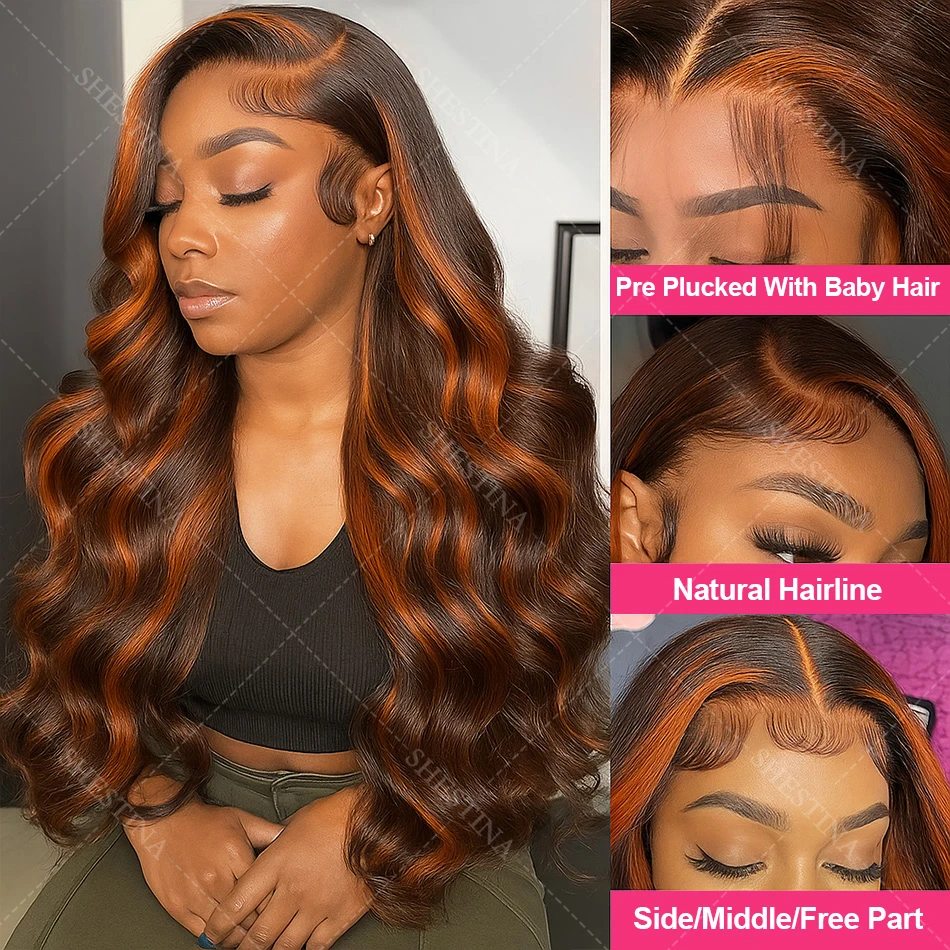 200% الزنجبيل البني تسليط الضوء على شعر مستعار شعر الإنسان الجسم موجة الدانتيل الجبهة الباروكات قبل قطعها أومبير الزنجبيل البرتقالي الملونة 5x5 غلويليس الباروكات #3