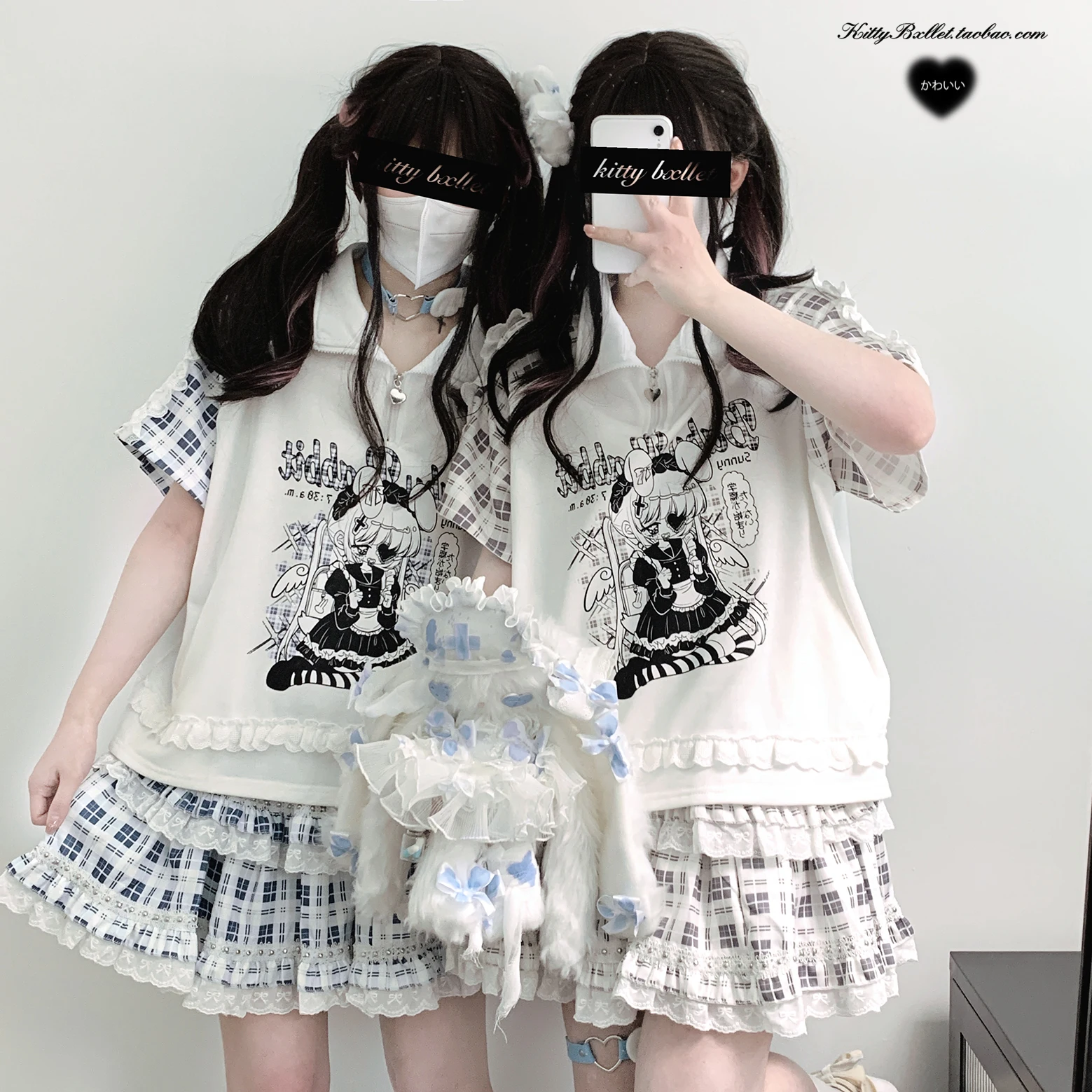 

Japanese Preppy Style Turndown Collar Short Sleeve Polo Shirt + Lace Ruffle Edge Plaid Mini Skirt Two Piece Sets Women Y2k Suits