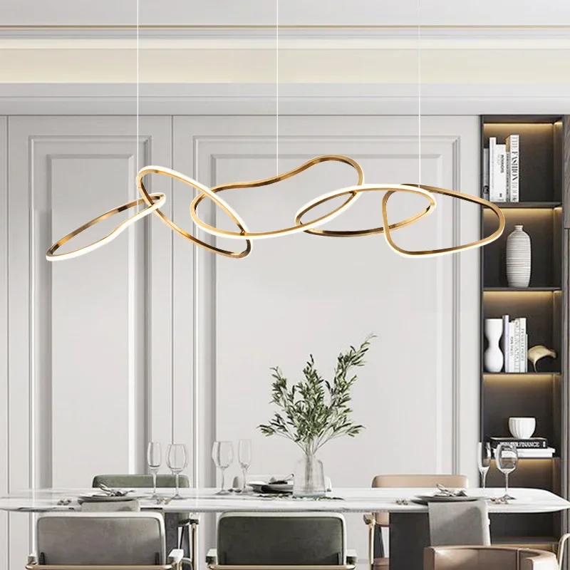 

Minimalist restaurant led chandelier post-modern luxury hanging lamp simple bar counter stainless steel ring chandelier lighting