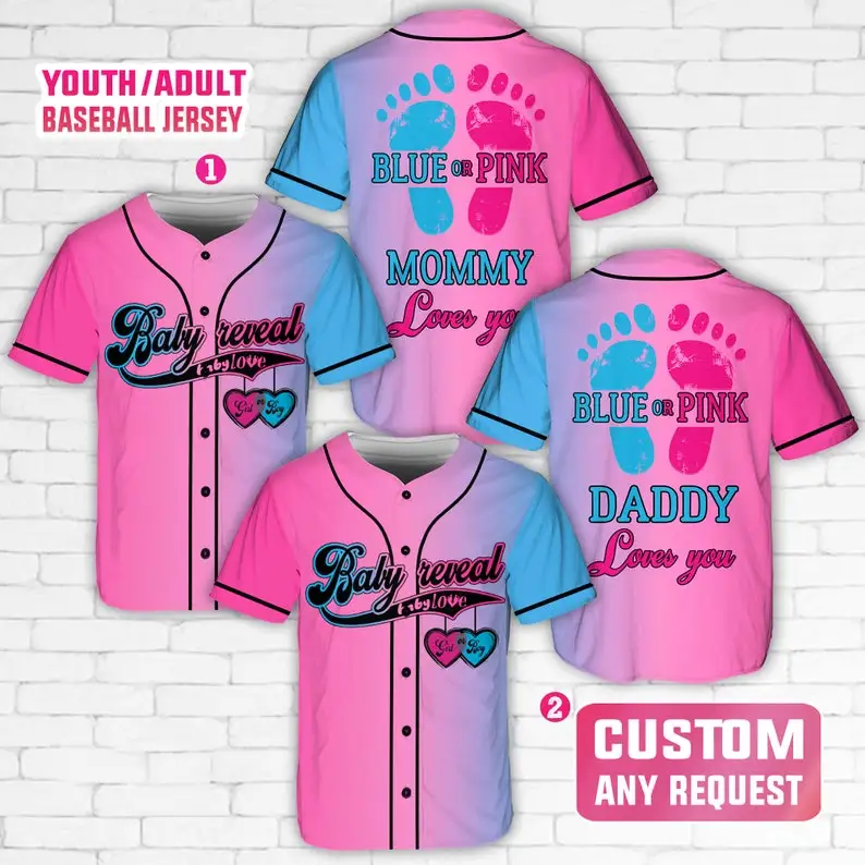 

Baby Reveal Baseball Jersey Personalized Blue Pink Gender Reveal Team Boy Girl Jersey Reveal Party Shirt Sports Apparel Fans