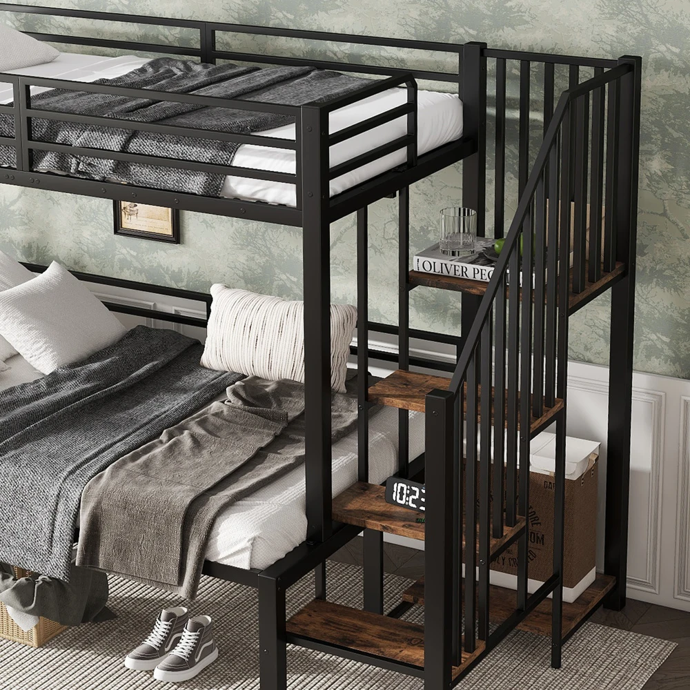 PINGGO Eisen-Etagenbett für Kinder und Jugendliche mit Stauraum-Eckschrank, Eisen & MDF, Schwarz Vintage-Holz, 90x200cm 120x200cm, ohne Matratze – Detail 21