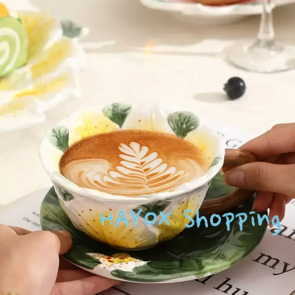 

Ceramic Hand-painted Embossed 3D Cup and Saucer，Flower Exquisite Home Tea Cup Dessert Plate，European Craft Vintage Tableware