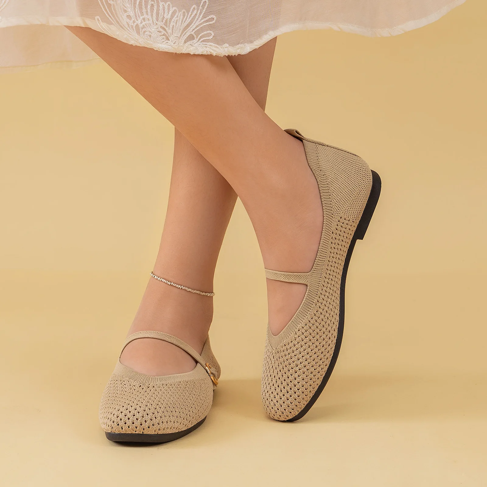 Sommerliche Damen-Mary-Jane-Schuhe mit Lochmuster, weicher flacher Sohle, leichtem Schnallenverschluss, atmungsaktiv, lässig, modisch, Ballerinas – Detail 9