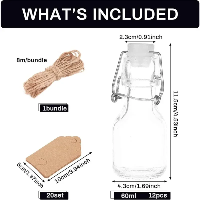 12 Pack 2oz (60ml) Mini Swing Top Glass Bottles with 20pcs Hang Tags and 1 Bundle Hemp Cord for Wedding Party Favors Décor