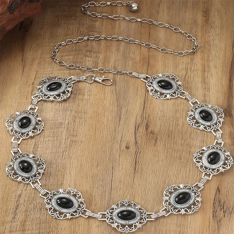 ريترو ستايل المرأة سلسلة الخصر المعدنية الملحقات الزخرفية دائرة منحوتة حزام على شكل سلسلة اكسسوارات عالية الطراز