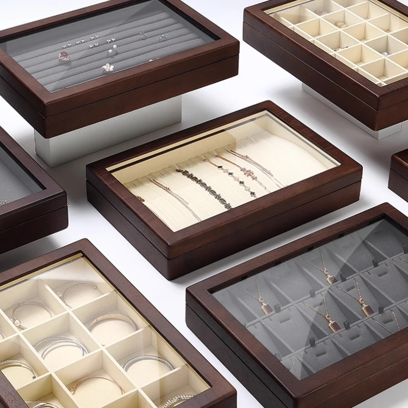

Solid Wood Transparent Jewelry Box Large Ring & Necklace Organizer Minimalist Velvet Lined Storage Case Exquisite Treasure Chest