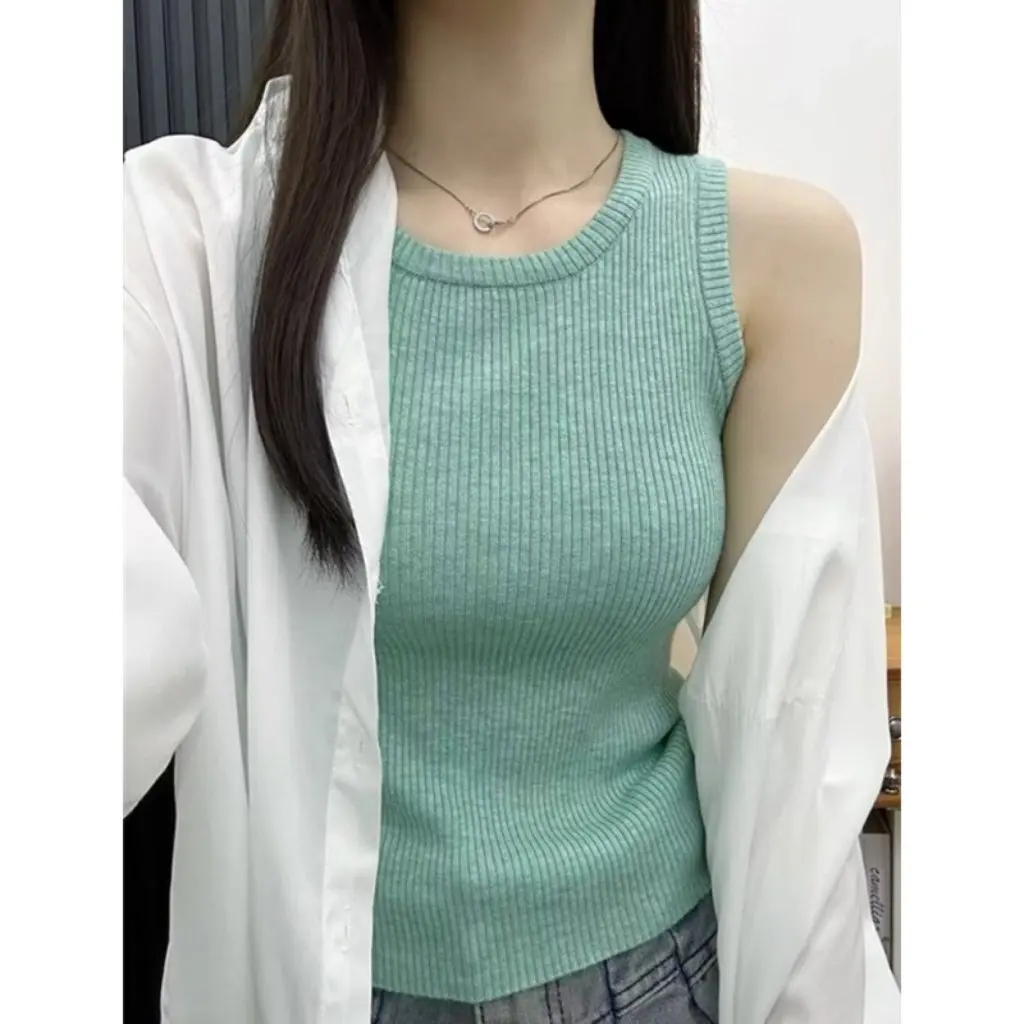 

Mint Green Women's Sleeveless Knitted Base Vest Soft Waxy Inner Strap Summer Fashion Outer Wear Top