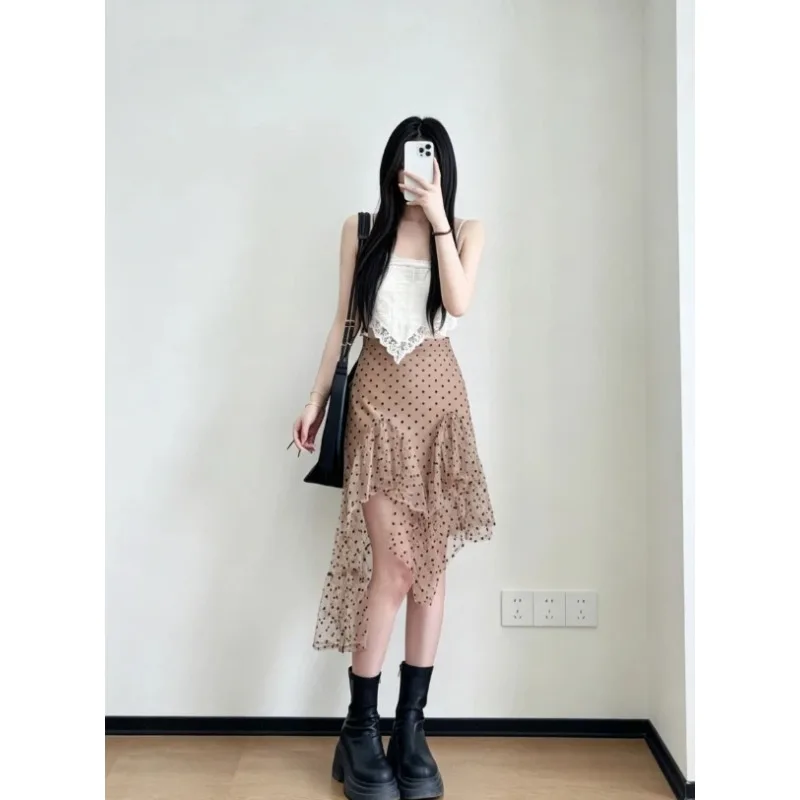 Womens High Waist Polka Dot Mesh Ruffle Irregular Asymmetrical Hem Midi Skirt