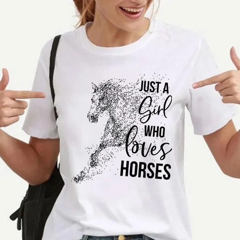 

Women'S Fashion Summer Clothes Casual Tops Just A Girl Who Loves Horses Printing Short Sleeved T-Shirt Loose Shirts