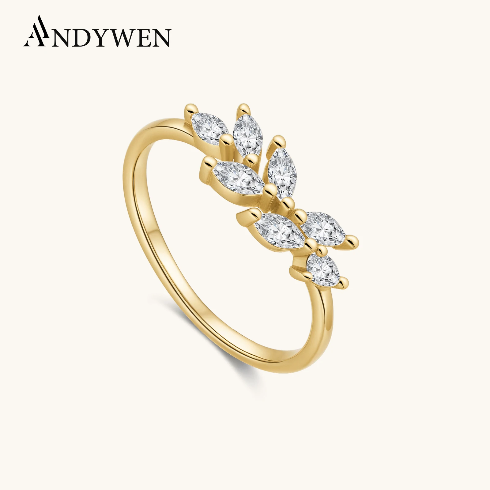 

ANDYWEN 925 Sterling Silver Elegant Leaf Marquise Ring Stackable Sparkling Elegant Dainty Finger Jewelry Women Daily Wear