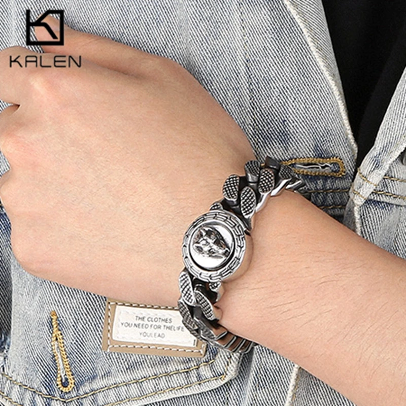 KALEN Chunky Stainless Steel Wolf Cuban Chain Bracelet Punk Strong Man‘s Heavy Bracelet Personalized Vintage Wirst Jewelry Gift