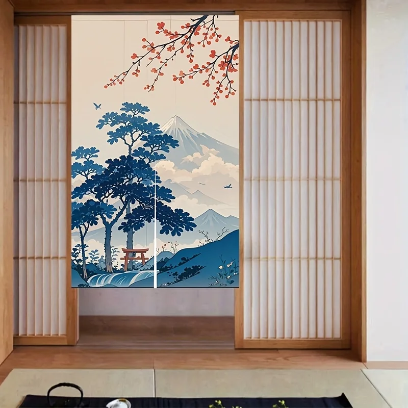 Decorative Polyester Door Curtain Room Divider Screen Oriental Chinese Landscape Mount Fuji Blossom Pine Tree Art Scroll Paintin